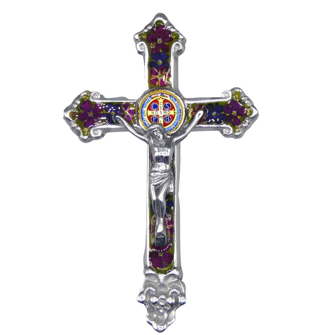 Baroque Wall Small Crucifix w/ Pressed Flowers & St. Benedict Medal 7.5"
