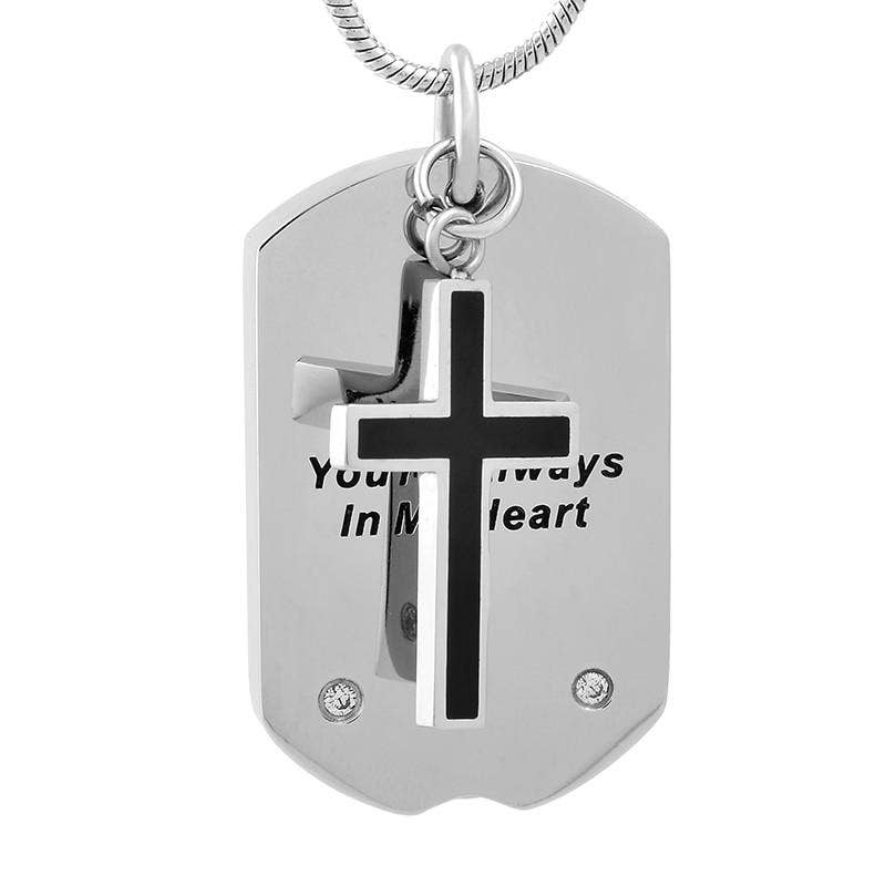 Silver Cross & Dogtag etched "You Are Always In My Heart" Cremation Urn Necklace
