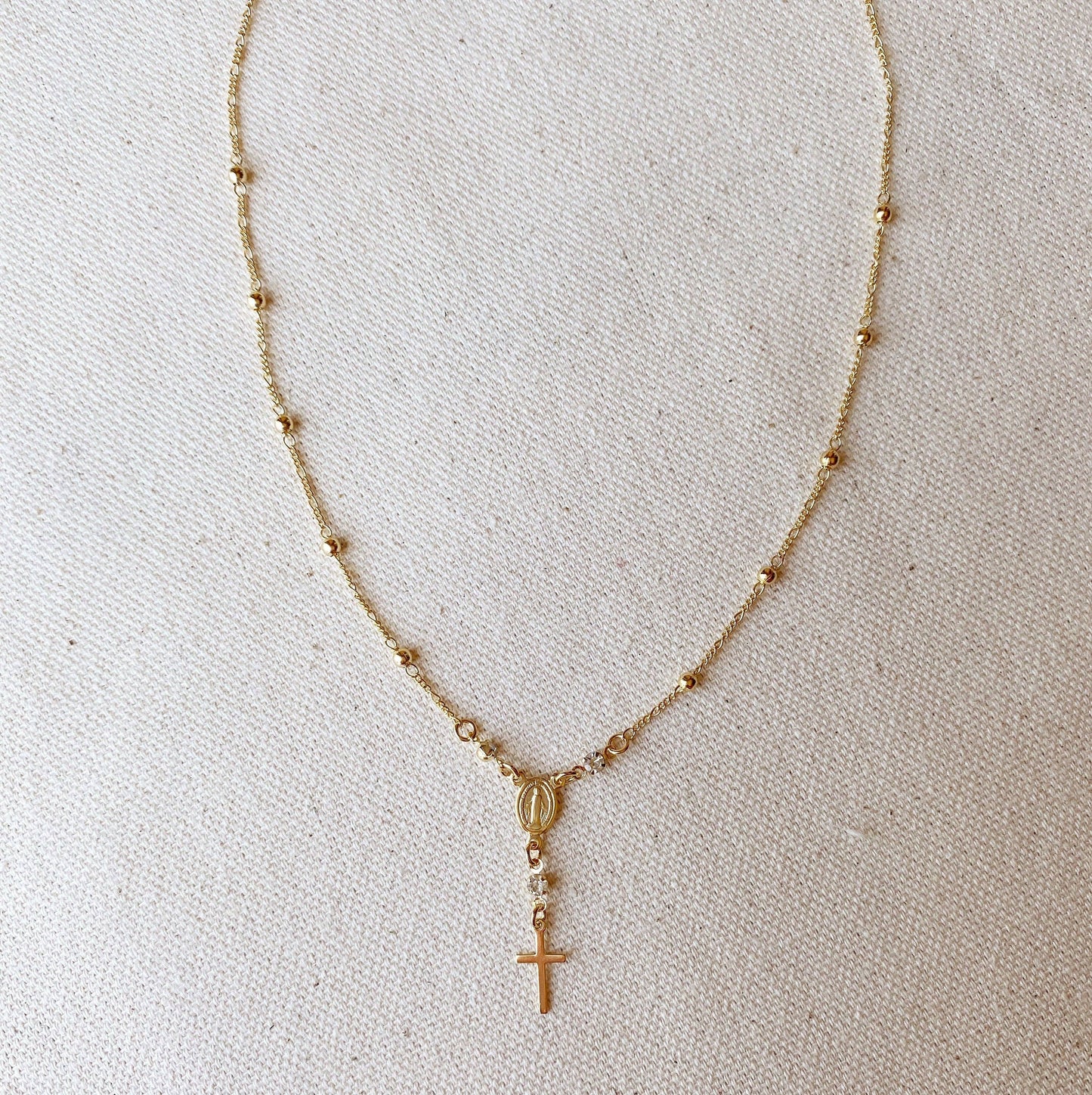 18k Gold Filled Rosary Ball Chain and Small Plain Cross Conf