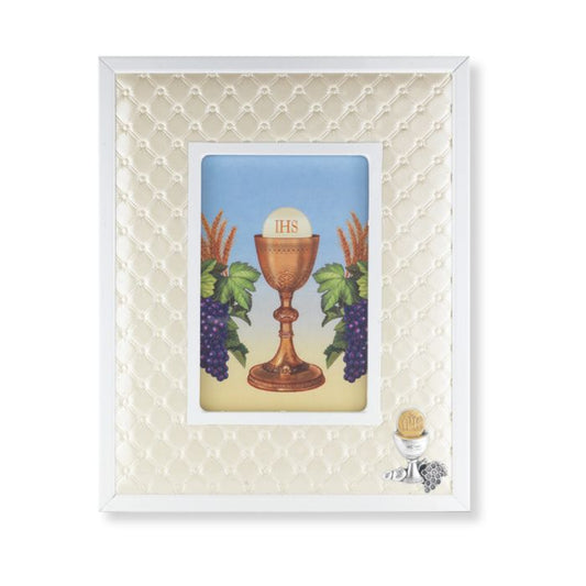 Frame - First Communion Chalice and Grapes White Synthetic Leather