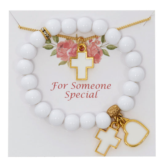 WHITE STRETCH BRACELET & WHITE CROSS