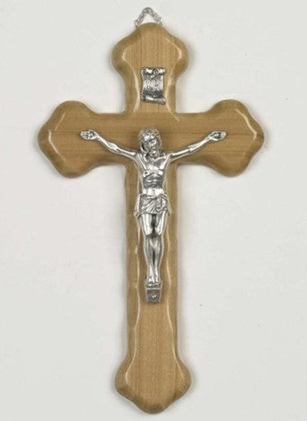 8 inch Olive Wood Crucifix with Silver Toned Corpus