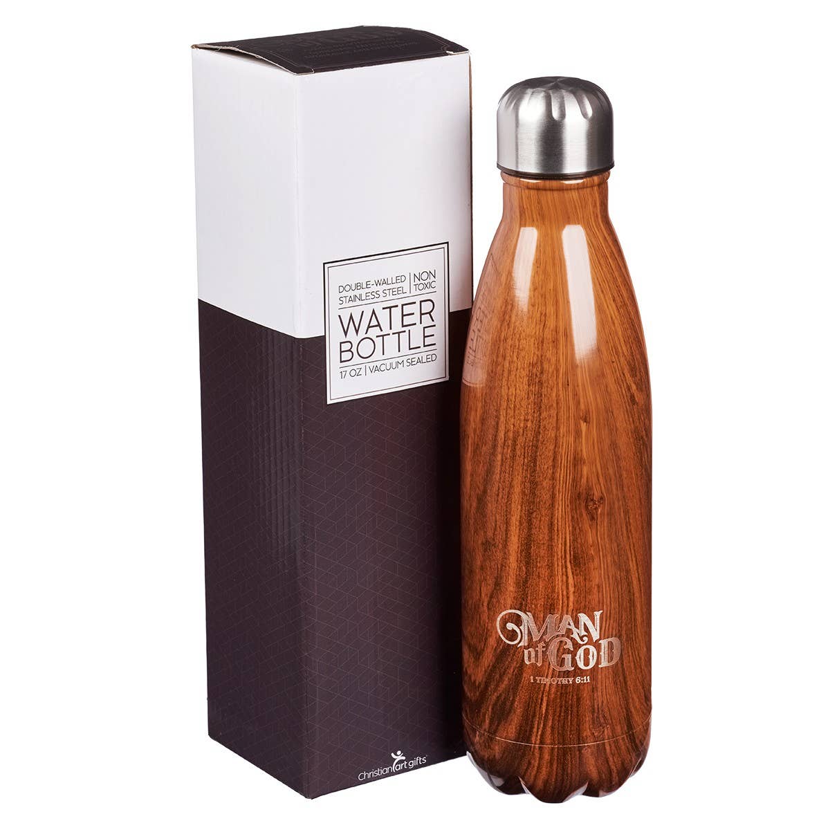 Water Bottle SS Wood Grain Man of God 1 Tim. 6:11