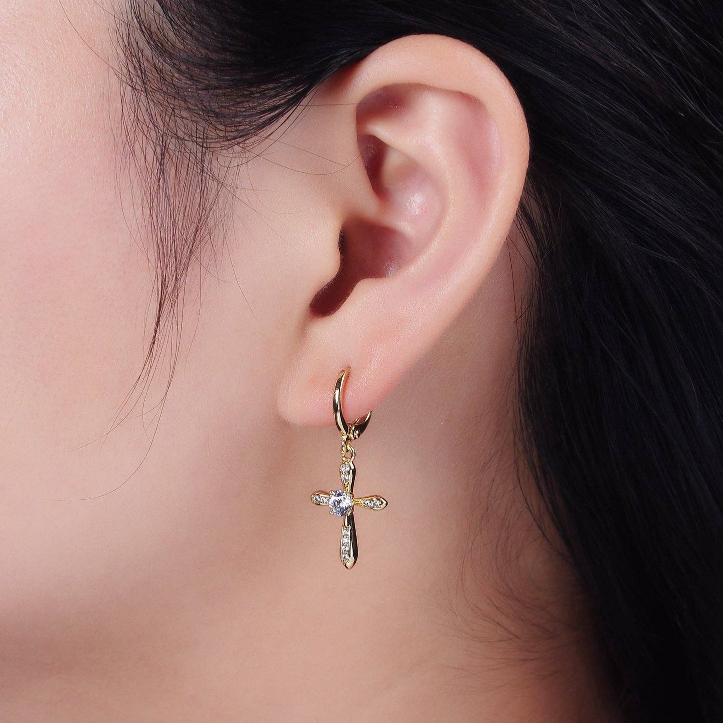 14K Gold Filled Micro Paved CZ Religious Cross Drop Huggie Earrings | AE935