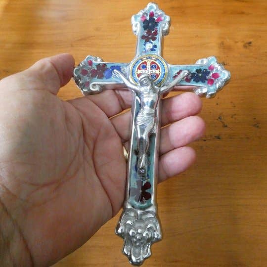 Baroque Wall Small Crucifix w/ Pressed Flowers & St. Benedict Medal 7.5"