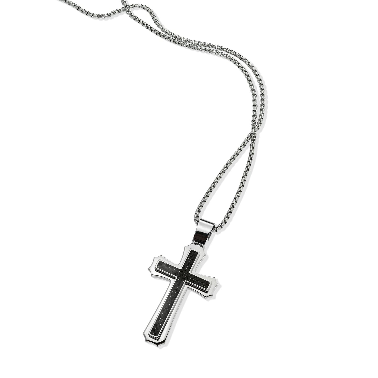 Men's Stainless Steel Cross Necklace with Carbon Fiber Inlay
