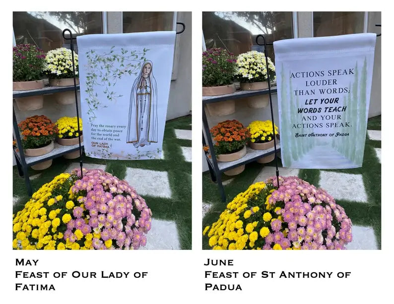 Catholic Garden flags. Marian garden. Sacred heart flag.