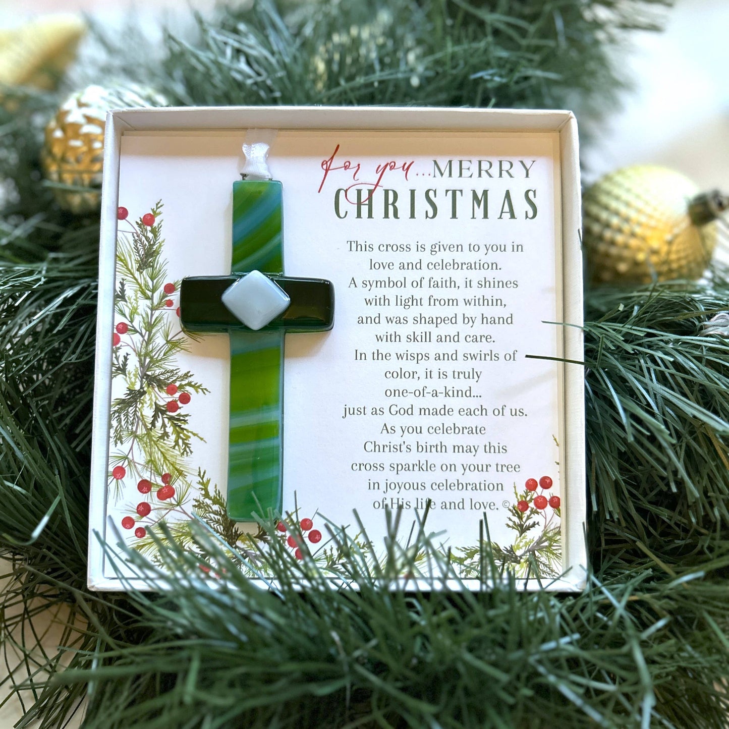 Merry Christmas Christian Gift USA Handmade Glass Cross 4475