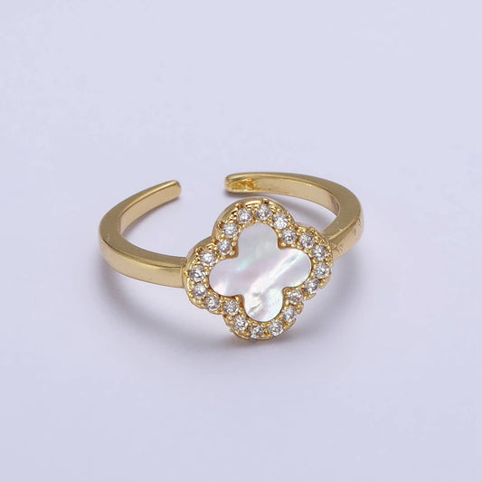 Dainty Pearl Clover Floral Micro Pave Gold Quatrefoil Ring