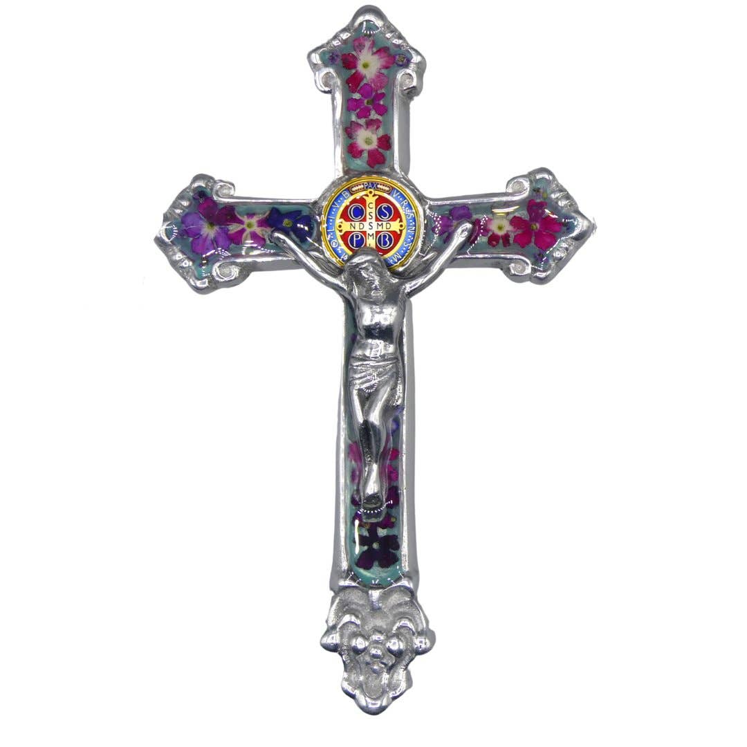 Baroque Wall Small Crucifix w/ Pressed Flowers & St. Benedict Medal 7.5"
