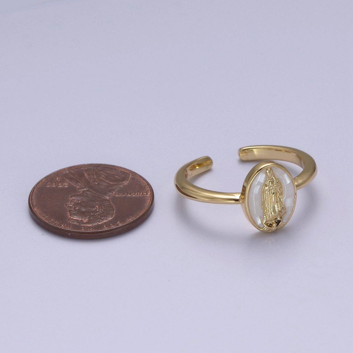 Gold Filled Oval Virgin Mother Mary Shell Opal Ring