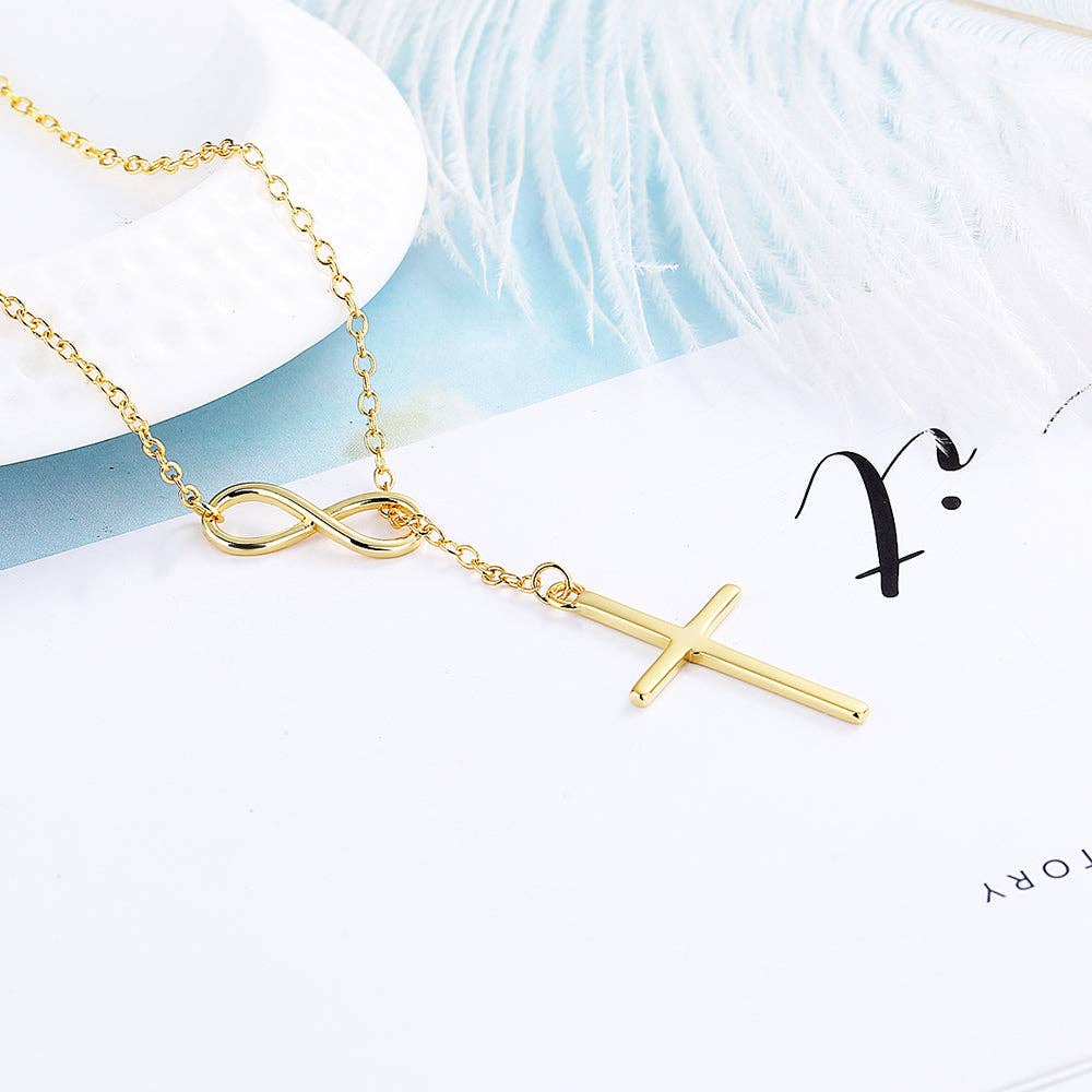 14K Gold Lariat Infinity Cross Pendant necklace