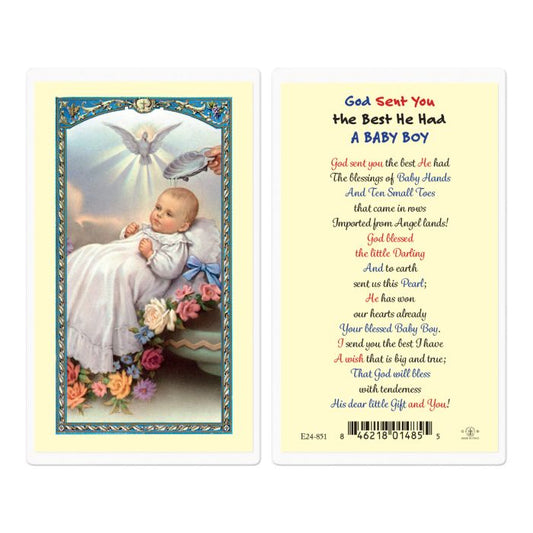 Holy Card - Laminated - Baptism; God Sent You The Best He Had a Baby Boy