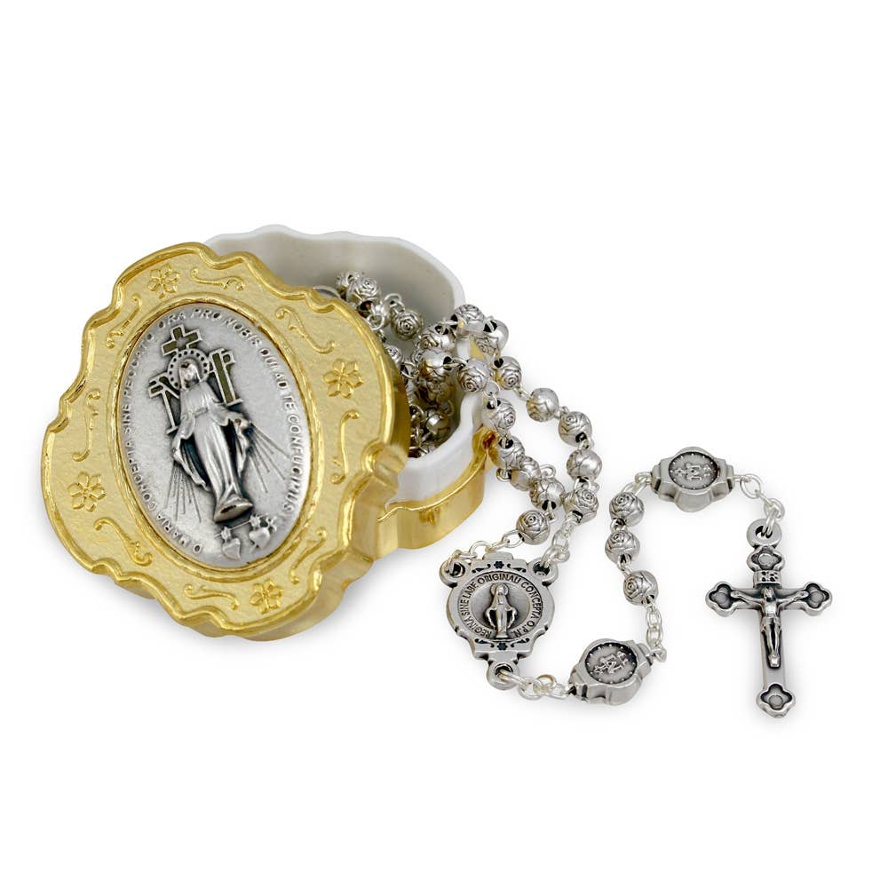 Miraculous Rosary Metal Beads & Gold Finish Box Gift Set