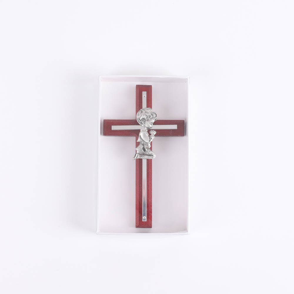 Wall Cross - Cherry Wood with Stainless Steel - Praying Boy