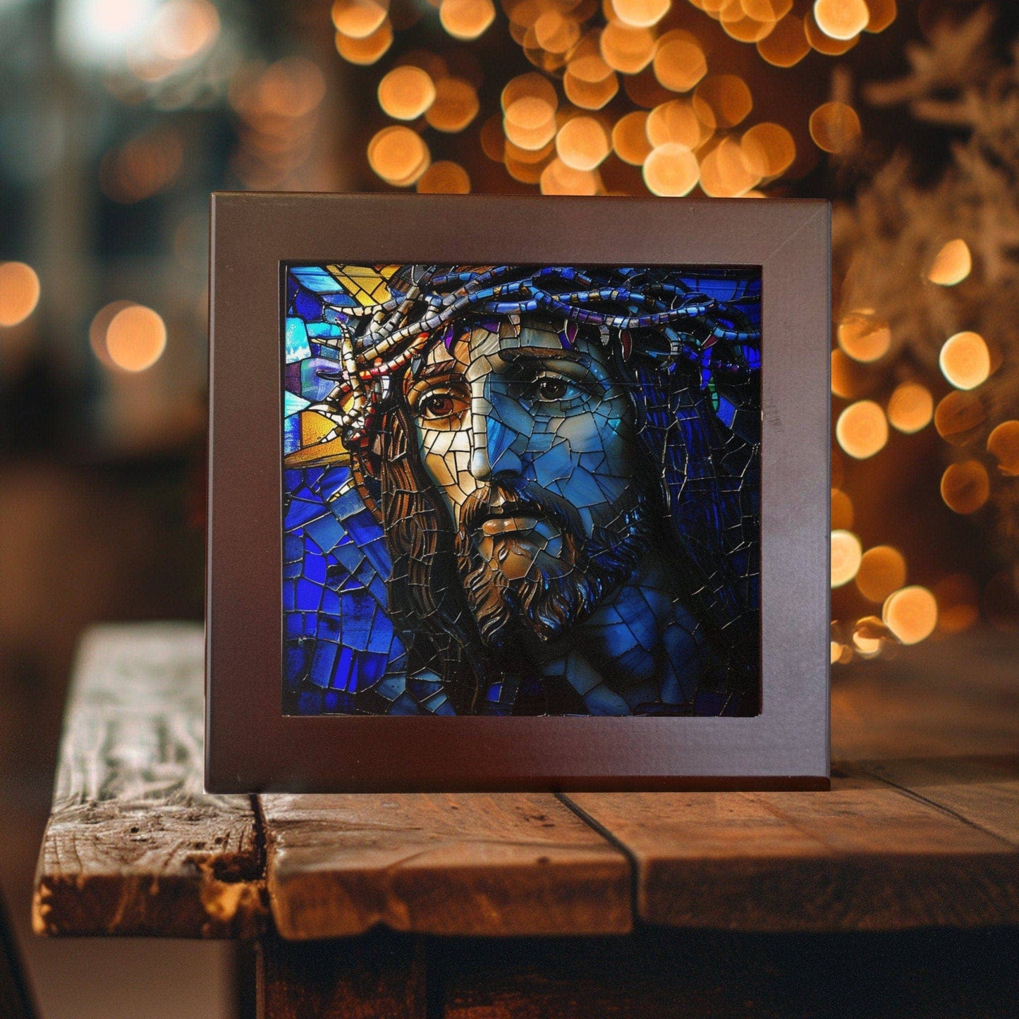 Jesus - Crown of Thorns Stained Glass-Like Ceramic Tile - Inspirational Religious Artwork