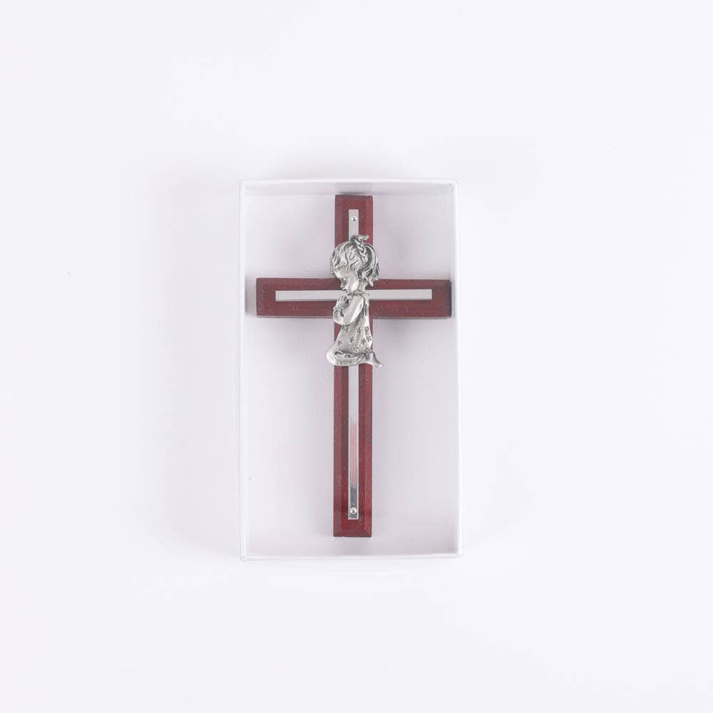 Wall Cross - Cherry Wood with Stainless Steel - Praying Girl