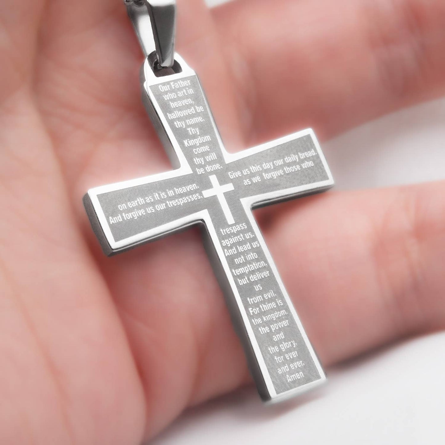 Stainless Steel Lord's Prayer Cross Necklace Women or Men