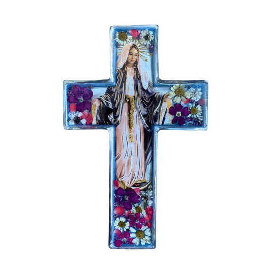 Our Lady of Grace Wall Cross w/ Pressed Flowers 6.5"