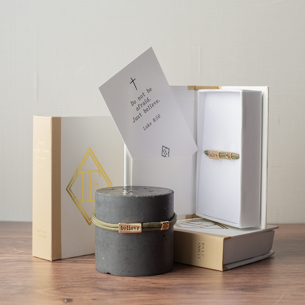 Sentiment Bracelet – Believe | Olive Green Cord