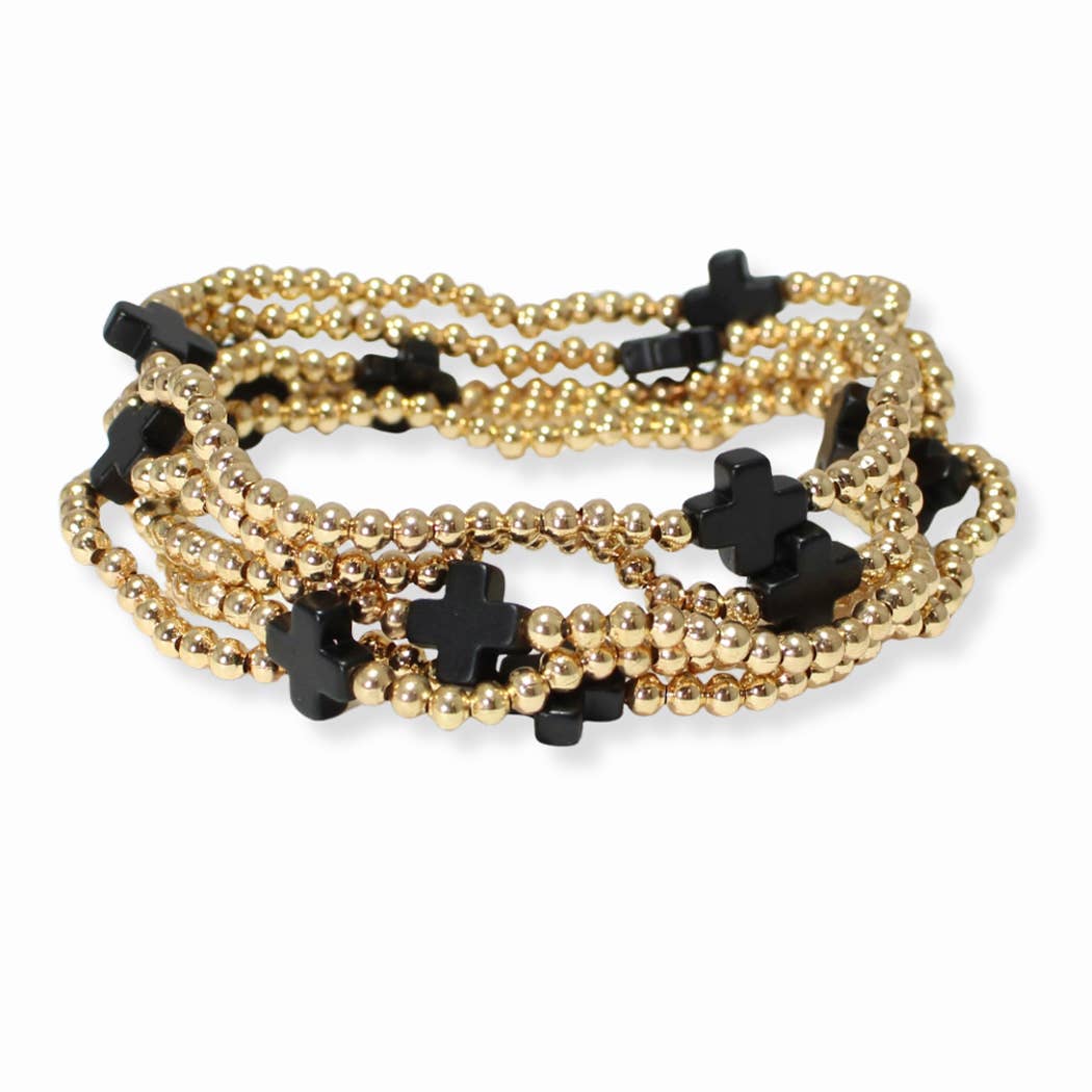 Multi layered gold bead stretch bracelet with cross accent n