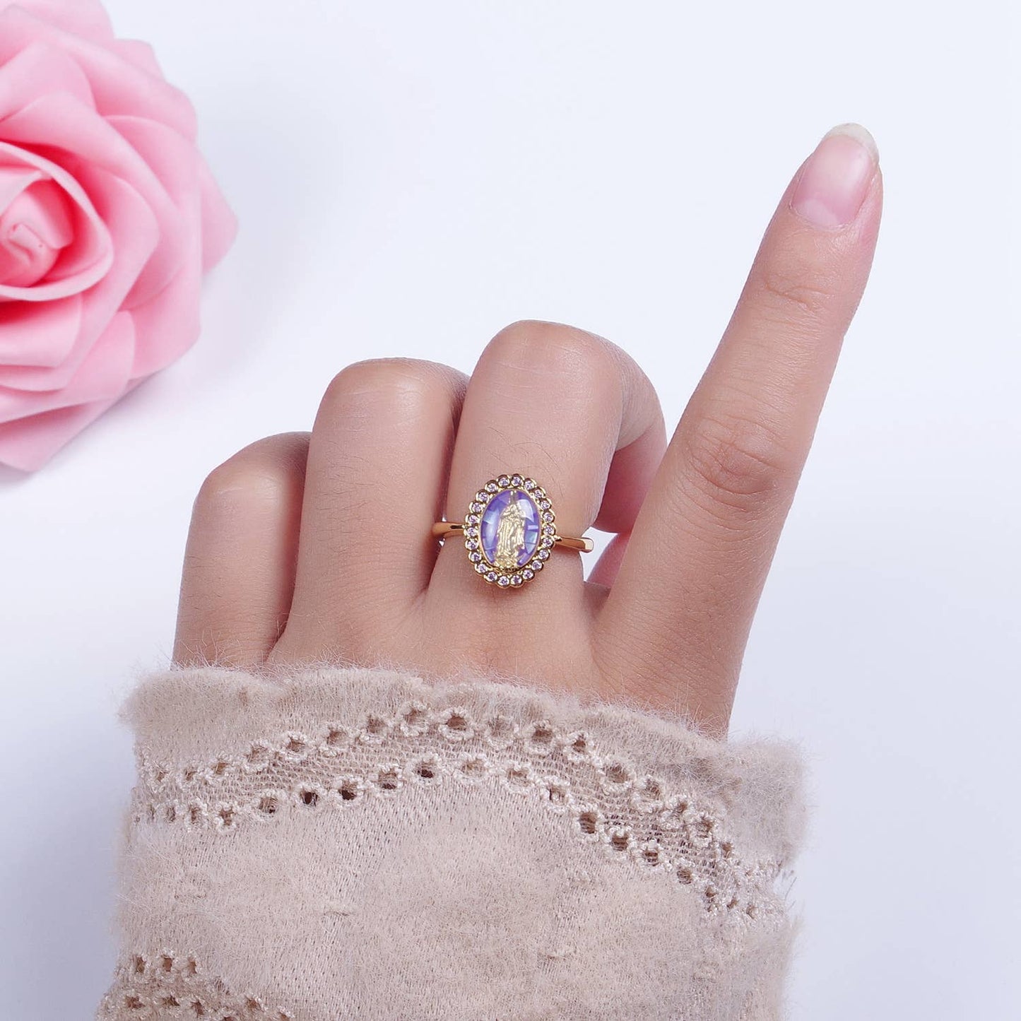 Oval Purple CZ Stone Mother Mary Religious Adjustable Ring