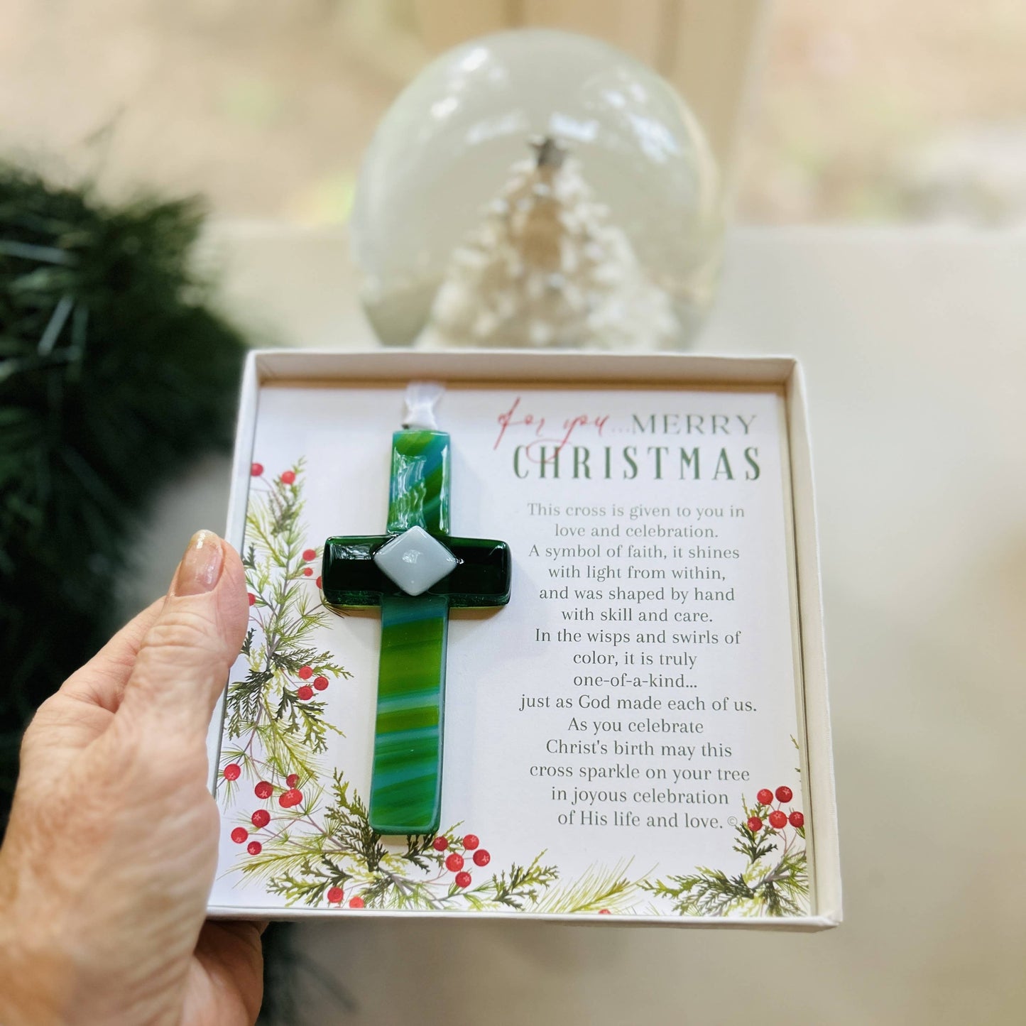 Merry Christmas Christian Gift USA Handmade Glass Cross 4475