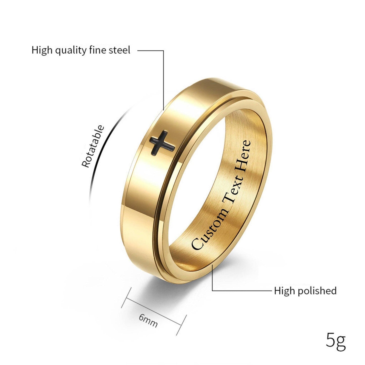 Cross Anxiety Fidget Spinner Band Ring in Stainless Steel