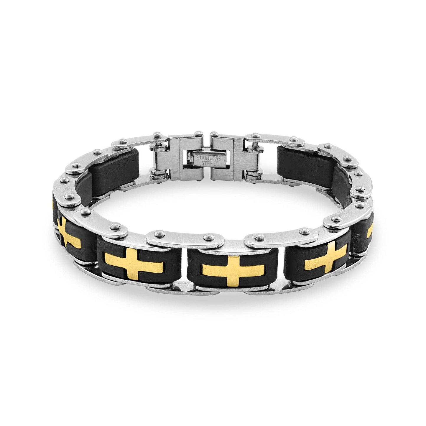 Stainless Steel And 18K Gold PVD Coated Cross Bike Chain Bracelet