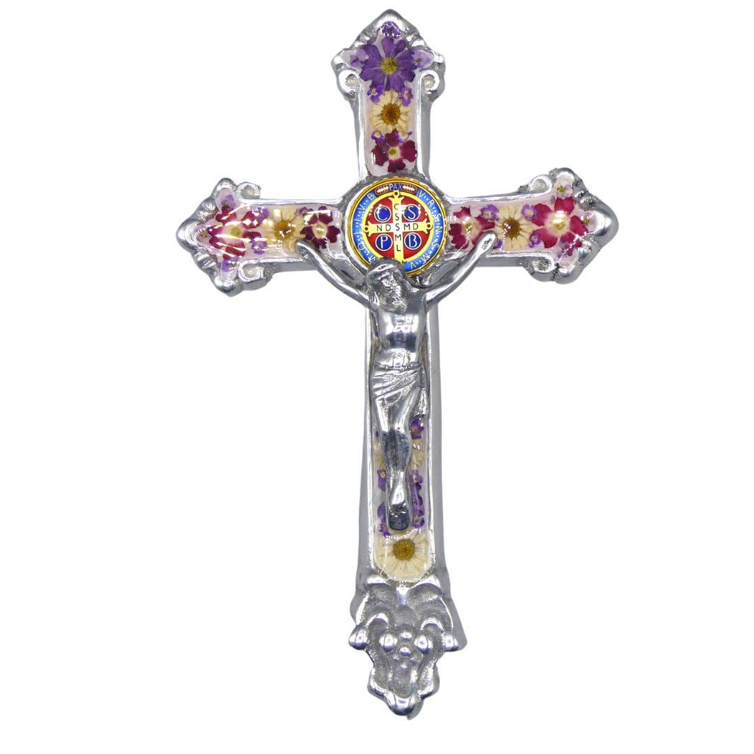 Baroque Wall Small Crucifix w/ Pressed Flowers & St. Benedict Medal 7.5"