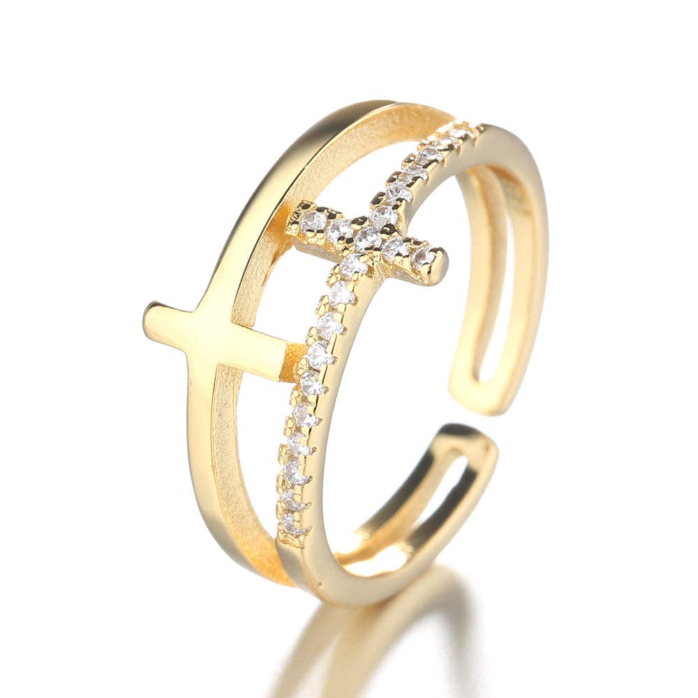 Sterling Silver, 18k Gold, or Rose Gold Sideways Adjustable Cross Ring
