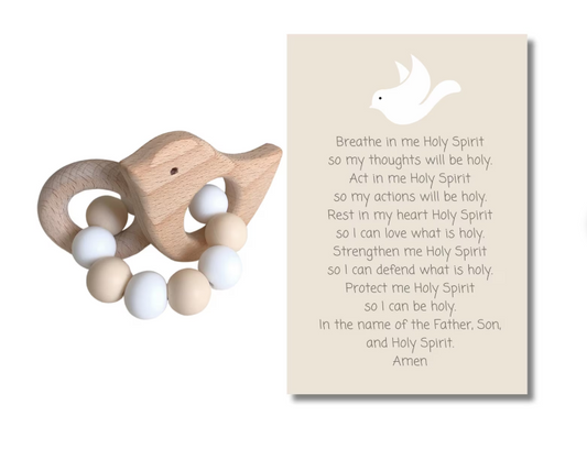 Holy Spirit Rattle & Prayer Card | Silicone Beads and Beech Wood