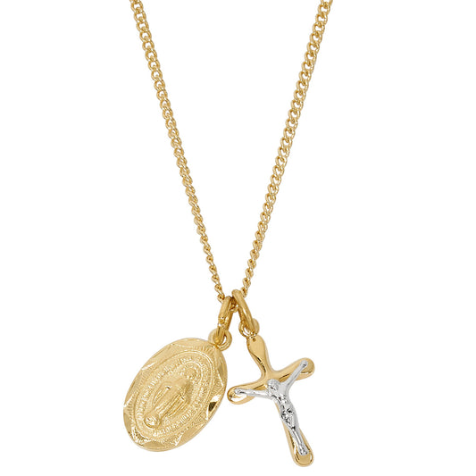 Gold over Sterling Two Tone Crucifix and Miraculous w/ 16-18" Chain