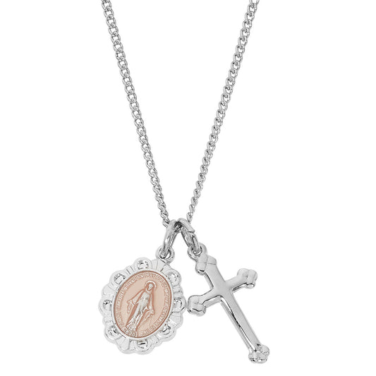 Sterling Silver Cross and Pink Miraculous w/ 16-18" Chain