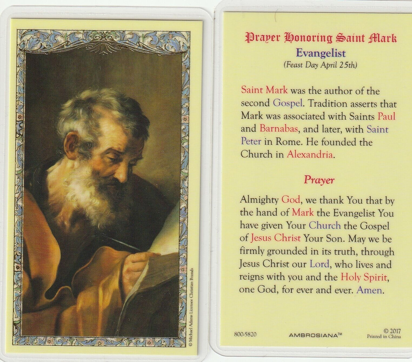 Holy Card - Laminated - Mark The Evangelist