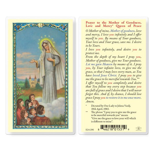 Holy Card - Laminated - Lady of Medjugorje, Mother Of Goodness, Love & Mercy Queen of Peace
