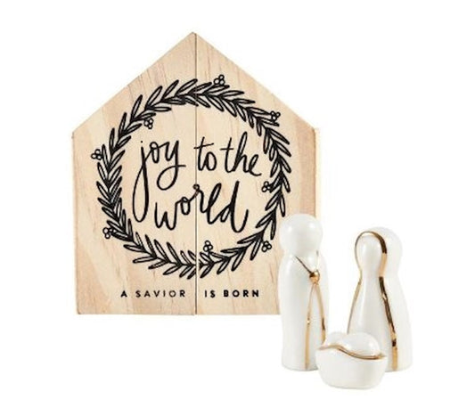 Ceramic Nativity Figurines In Wood Manger Box