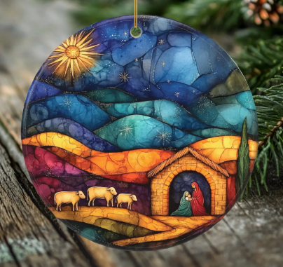 Nativity Scene Porcelain Christmas Ornament - 2 Sided Holiday Keepsake