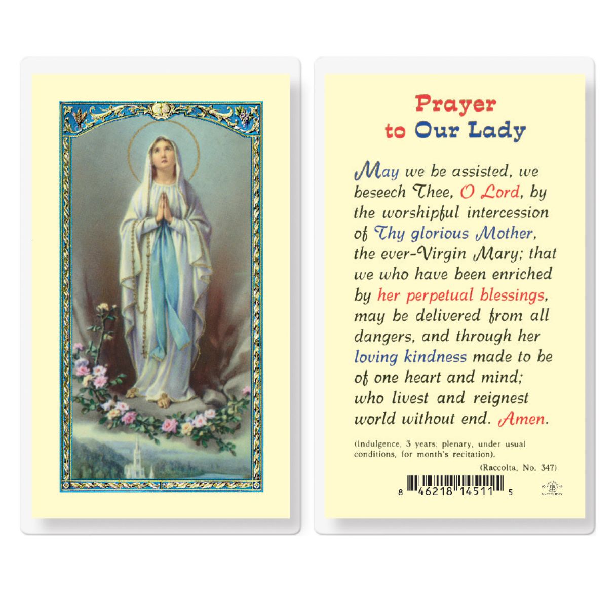 Holy Card - Laminated - Prayer To Our Lady (OL of Lourdes picture)