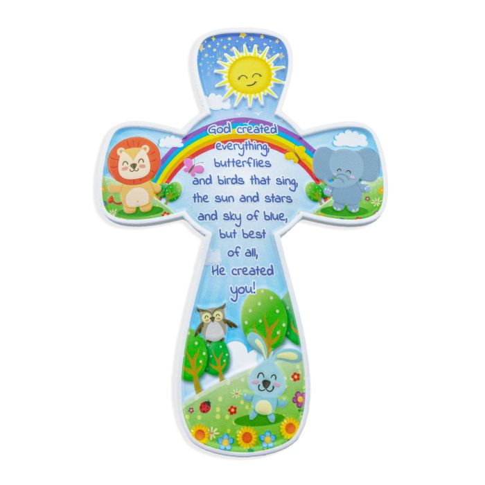 Child Rainbow Jungle 6" Resin Cross in Clear Plastic Box