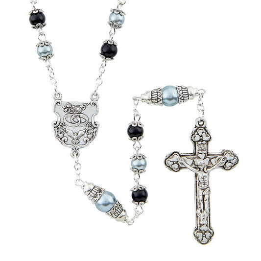Intertwining Wedding Rosary - Silver with blue and black beads