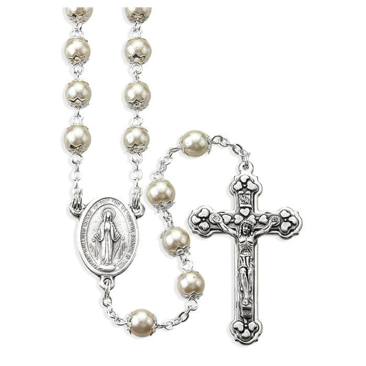 White Pearl Capped Bead Rosary, Boxed